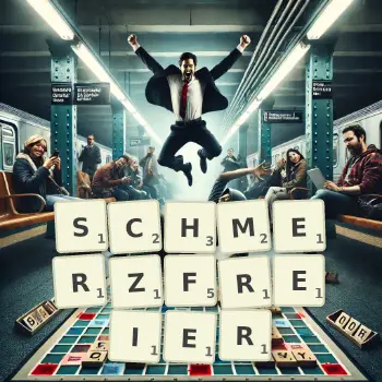 Kreative Illustration für ein Scrabble-Spiel, bei dem das Wort SCHMERZFREIER mit Steinen auf dem Brett gelegt wurde.
