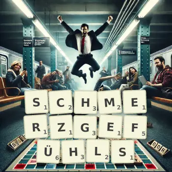 Kreative Illustration für ein Scrabble-Spiel, bei dem das Wort SCHMERZGEFÜHLS mit Steinen auf dem Brett gelegt wurde.