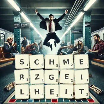 Kreative Illustration für ein Scrabble-Spiel, bei dem das Wort SCHMERZGEILHEIT mit Steinen auf dem Brett gelegt wurde.