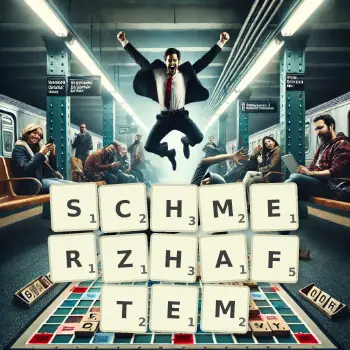 Kreative Illustration für ein Scrabble-Spiel, bei dem das Wort SCHMERZHAFTEM mit Steinen auf dem Brett gelegt wurde.