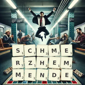 Kreative Illustration für ein Scrabble-Spiel, bei dem das Wort SCHMERZHEMMENDE mit Steinen auf dem Brett gelegt wurde.