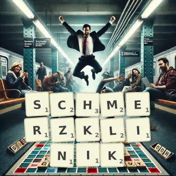 Kreative Illustration für ein Scrabble-Spiel, bei dem das Wort SCHMERZKLINIK mit Steinen auf dem Brett gelegt wurde.
