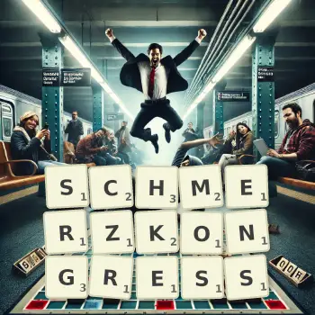 Kreative Illustration für ein Scrabble-Spiel, bei dem das Wort SCHMERZKONGRESS mit Steinen auf dem Brett gelegt wurde.