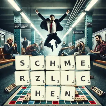 Kreative Illustration für ein Scrabble-Spiel, bei dem das Wort SCHMERZLICHEN mit Steinen auf dem Brett gelegt wurde.