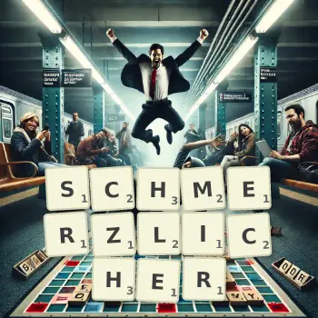 Kreative Illustration für ein Scrabble-Spiel, bei dem das Wort SCHMERZLICHER mit Steinen auf dem Brett gelegt wurde.