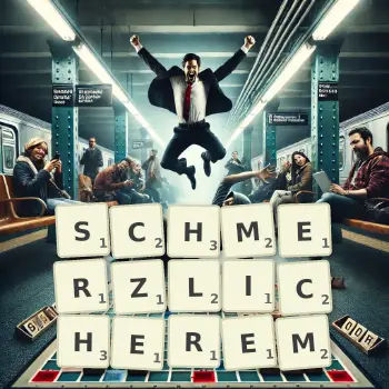 Kreative Illustration für ein Scrabble-Spiel, bei dem das Wort SCHMERZLICHEREM mit Steinen auf dem Brett gelegt wurde.