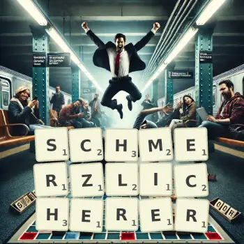 Kreative Illustration für ein Scrabble-Spiel, bei dem das Wort SCHMERZLICHERER mit Steinen auf dem Brett gelegt wurde.
