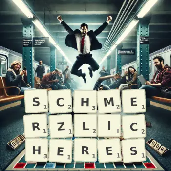 Kreative Illustration für ein Scrabble-Spiel, bei dem das Wort SCHMERZLICHERES mit Steinen auf dem Brett gelegt wurde.