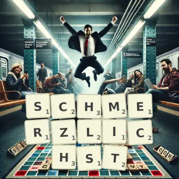 Kreative Illustration für ein Scrabble-Spiel, bei dem das Wort SCHMERZLICHST mit Steinen auf dem Brett gelegt wurde.