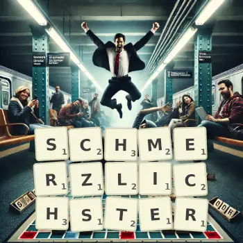 Kreative Illustration für ein Scrabble-Spiel, bei dem das Wort SCHMERZLICHSTER mit Steinen auf dem Brett gelegt wurde.