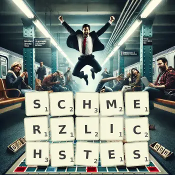 Kreative Illustration für ein Scrabble-Spiel, bei dem das Wort SCHMERZLICHSTES mit Steinen auf dem Brett gelegt wurde.