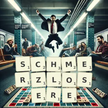 Kreative Illustration für ein Scrabble-Spiel, bei dem das Wort SCHMERZLOSERE mit Steinen auf dem Brett gelegt wurde.