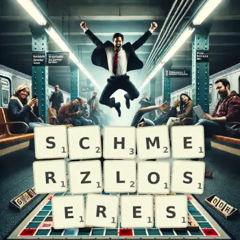 Kreative Illustration für ein Scrabble-Spiel, bei dem das Wort SCHMERZLOSERES mit Steinen auf dem Brett gelegt wurde.