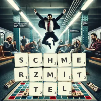 Kreative Illustration für ein Scrabble-Spiel, bei dem das Wort SCHMERZMITTEL mit Steinen auf dem Brett gelegt wurde.