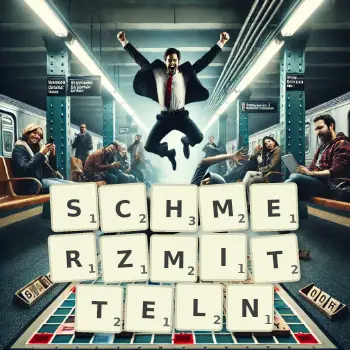 Kreative Illustration für ein Scrabble-Spiel, bei dem das Wort SCHMERZMITTELN mit Steinen auf dem Brett gelegt wurde.