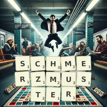 Kreative Illustration für ein Scrabble-Spiel, bei dem das Wort SCHMERZMUSTER mit Steinen auf dem Brett gelegt wurde.