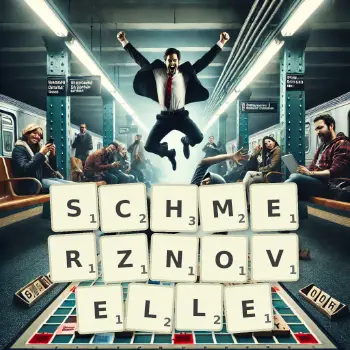 Kreative Illustration für ein Scrabble-Spiel, bei dem das Wort SCHMERZNOVELLE mit Steinen auf dem Brett gelegt wurde.