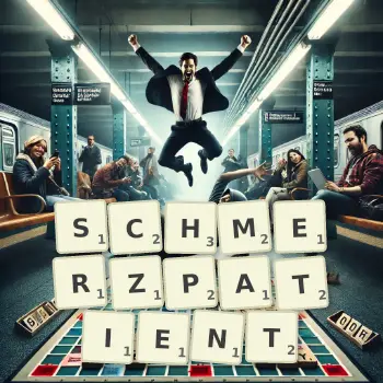 Kreative Illustration für ein Scrabble-Spiel, bei dem das Wort SCHMERZPATIENT mit Steinen auf dem Brett gelegt wurde.