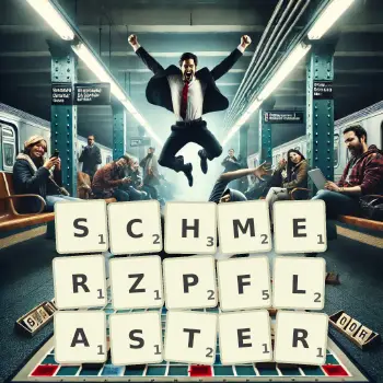 Kreative Illustration für ein Scrabble-Spiel, bei dem das Wort SCHMERZPFLASTER mit Steinen auf dem Brett gelegt wurde.