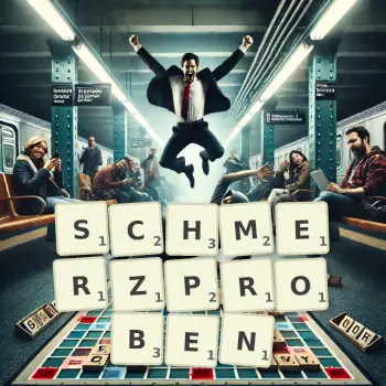 Kreative Illustration für ein Scrabble-Spiel, bei dem das Wort SCHMERZPROBEN mit Steinen auf dem Brett gelegt wurde.