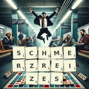 Kreative Illustration für ein Scrabble-Spiel, bei dem das Wort SCHMERZREIZES mit Steinen auf dem Brett gelegt wurde.