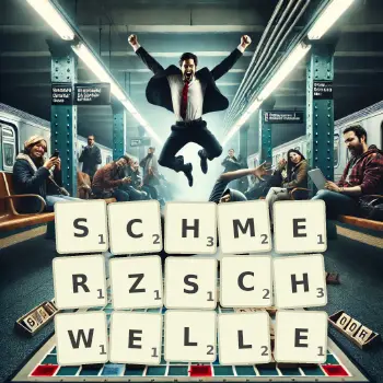 Kreative Illustration für ein Scrabble-Spiel, bei dem das Wort SCHMERZSCHWELLE mit Steinen auf dem Brett gelegt wurde.