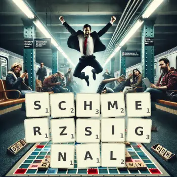 Kreative Illustration für ein Scrabble-Spiel, bei dem das Wort SCHMERZSIGNAL mit Steinen auf dem Brett gelegt wurde.