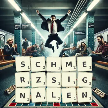 Kreative Illustration für ein Scrabble-Spiel, bei dem das Wort SCHMERZSIGNALEN mit Steinen auf dem Brett gelegt wurde.