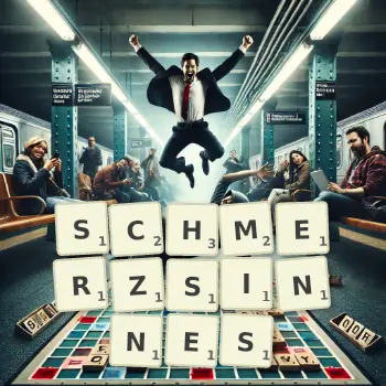 Kreative Illustration für ein Scrabble-Spiel, bei dem das Wort SCHMERZSINNES mit Steinen auf dem Brett gelegt wurde.