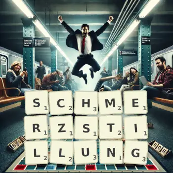 Kreative Illustration für ein Scrabble-Spiel, bei dem das Wort SCHMERZSTILLUNG mit Steinen auf dem Brett gelegt wurde.