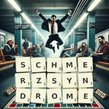 Kreative Illustration für ein Scrabble-Spiel, bei dem das Wort SCHMERZSYNDROME mit Steinen auf dem Brett gelegt wurde.