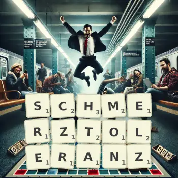 Kreative Illustration für ein Scrabble-Spiel, bei dem das Wort SCHMERZTOLERANZ mit Steinen auf dem Brett gelegt wurde.