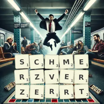 Kreative Illustration für ein Scrabble-Spiel, bei dem das Wort SCHMERZVERZERRT mit Steinen auf dem Brett gelegt wurde.