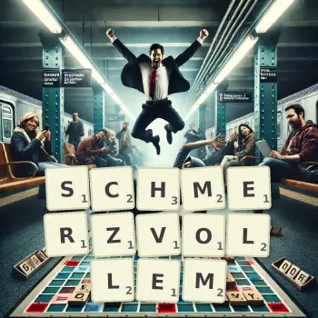 Kreative Illustration für ein Scrabble-Spiel, bei dem das Wort SCHMERZVOLLEM mit Steinen auf dem Brett gelegt wurde.