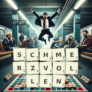 Kreative Illustration für ein Scrabble-Spiel, bei dem das Wort SCHMERZVOLLEN mit Steinen auf dem Brett gelegt wurde.