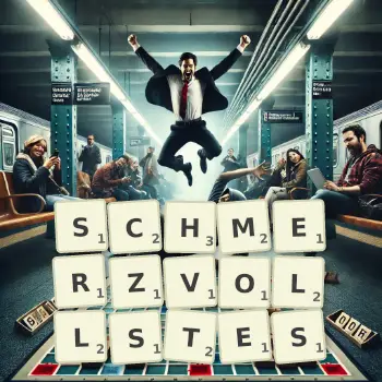 Kreative Illustration für ein Scrabble-Spiel, bei dem das Wort SCHMERZVOLLSTES mit Steinen auf dem Brett gelegt wurde.