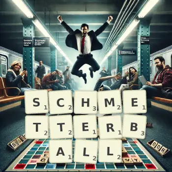 Kreative Illustration für ein Scrabble-Spiel, bei dem das Wort SCHMETTERBALL mit Steinen auf dem Brett gelegt wurde.