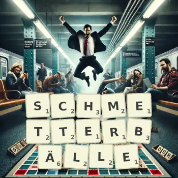 Kreative Illustration für ein Scrabble-Spiel, bei dem das Wort SCHMETTERBÄLLE mit Steinen auf dem Brett gelegt wurde.