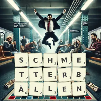 Kreative Illustration für ein Scrabble-Spiel, bei dem das Wort SCHMETTERBÄLLEN mit Steinen auf dem Brett gelegt wurde.