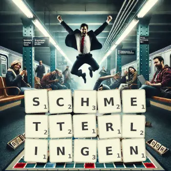Kreative Illustration für ein Scrabble-Spiel, bei dem das Wort SCHMETTERLINGEN mit Steinen auf dem Brett gelegt wurde.