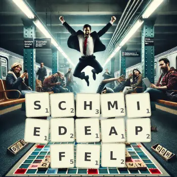 Kreative Illustration für ein Scrabble-Spiel, bei dem das Wort SCHMIEDEAPFEL mit Steinen auf dem Brett gelegt wurde.