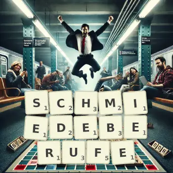 Kreative Illustration für ein Scrabble-Spiel, bei dem das Wort SCHMIEDEBERUFE mit Steinen auf dem Brett gelegt wurde.