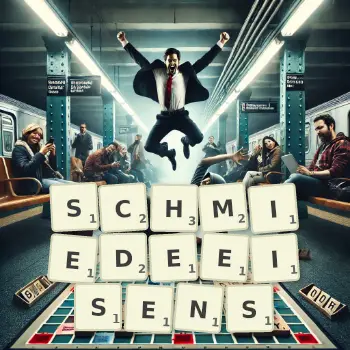 Kreative Illustration für ein Scrabble-Spiel, bei dem das Wort SCHMIEDEEISENS mit Steinen auf dem Brett gelegt wurde.