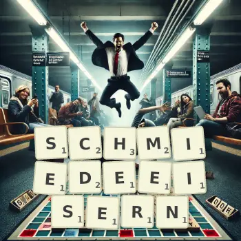 Kreative Illustration für ein Scrabble-Spiel, bei dem das Wort SCHMIEDEEISERN mit Steinen auf dem Brett gelegt wurde.