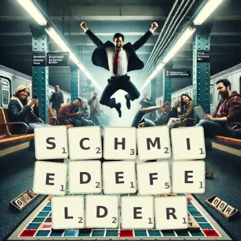 Kreative Illustration für ein Scrabble-Spiel, bei dem das Wort SCHMIEDEFELDER mit Steinen auf dem Brett gelegt wurde.