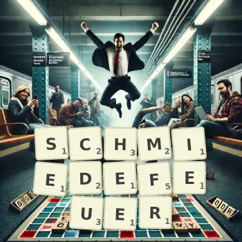 Kreative Illustration für ein Scrabble-Spiel, bei dem das Wort SCHMIEDEFEUER mit Steinen auf dem Brett gelegt wurde.