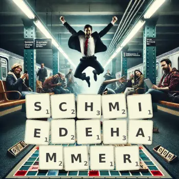 Kreative Illustration für ein Scrabble-Spiel, bei dem das Wort SCHMIEDEHAMMER mit Steinen auf dem Brett gelegt wurde.