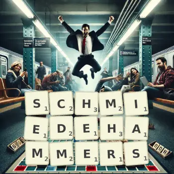 Kreative Illustration für ein Scrabble-Spiel, bei dem das Wort SCHMIEDEHAMMERS mit Steinen auf dem Brett gelegt wurde.