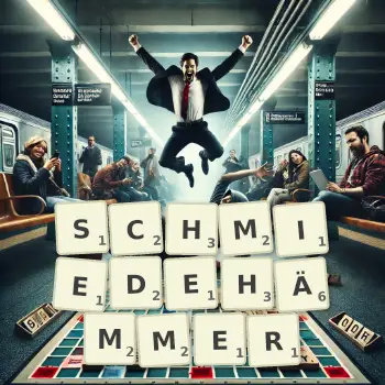 Kreative Illustration für ein Scrabble-Spiel, bei dem das Wort SCHMIEDEHÄMMER mit Steinen auf dem Brett gelegt wurde.