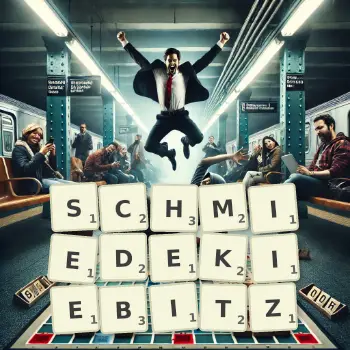 Kreative Illustration für ein Scrabble-Spiel, bei dem das Wort SCHMIEDEKIEBITZ mit Steinen auf dem Brett gelegt wurde.